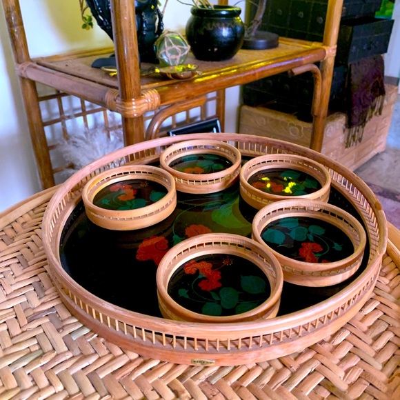 Rattan mid century coasters and plate - Picture 1 of 4